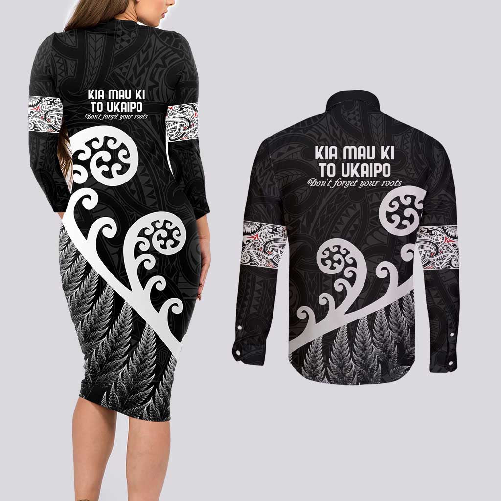 Kia Mau Ki To Ukaipo Couples Matching Long Sleeve Bodycon Dress and Long Sleeve Button Shirt Te Reo Maori Koru Fern Art
