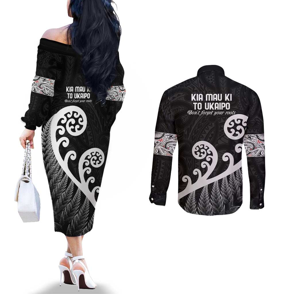 Kia Mau Ki To Ukaipo Couples Matching Off The Shoulder Long Sleeve Dress and Long Sleeve Button Shirt Te Reo Maori Koru Fern Art