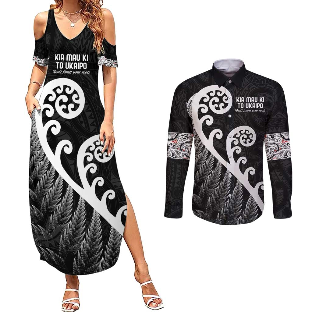 Kia Mau Ki To Ukaipo Couples Matching Summer Maxi Dress and Long Sleeve Button Shirt Te Reo Maori Koru Fern Art