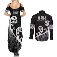 Kia Mau Ki To Ukaipo Couples Matching Summer Maxi Dress and Long Sleeve Button Shirt Te Reo Maori Koru Fern Art