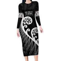 Kia Mau Ki To Ukaipo Family Matching Long Sleeve Bodycon Dress and Hawaiian Shirt Te Reo Maori Koru Fern Art LT9 Mom's Dress Black - Polynesian Pride