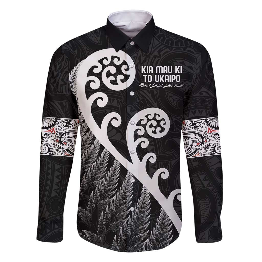 Kia Mau Ki To Ukaipo Family Matching Mermaid Dress and Hawaiian Shirt Te Reo Maori Koru Fern Art LT9 Dad's Shirt - Long Sleeve Black - Polynesian Pride