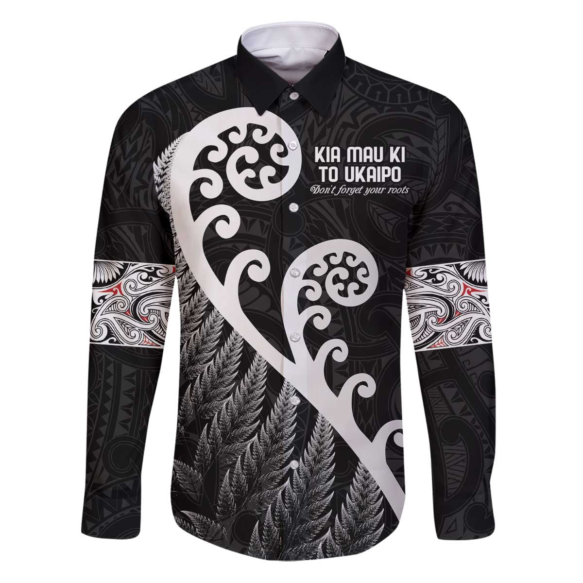 Kia Mau Ki To Ukaipo Family Matching Puletasi and Hawaiian Shirt Te Reo Maori Koru Fern Art LT9 Dad's Shirt - Long Sleeve Black - Polynesian Pride