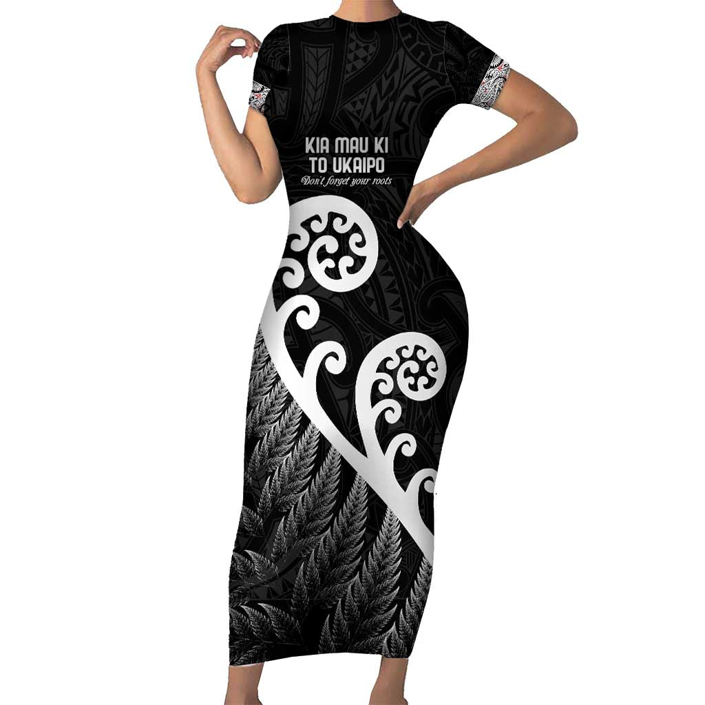 Kia Mau Ki To Ukaipo Short Sleeve Bodycon Dress Te Reo Maori Koru Fern Art LT9 Long Dress Black - Polynesian Pride