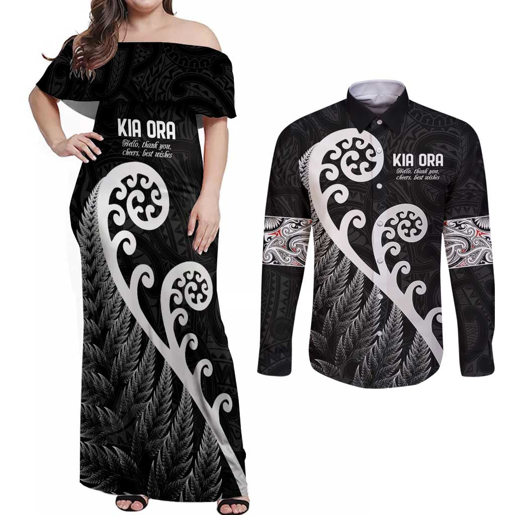 Kia Ora Maori Language Couples Matching Off Shoulder Maxi Dress and Long Sleeve Button Shirt Te Reo Maori Koru Fern Art