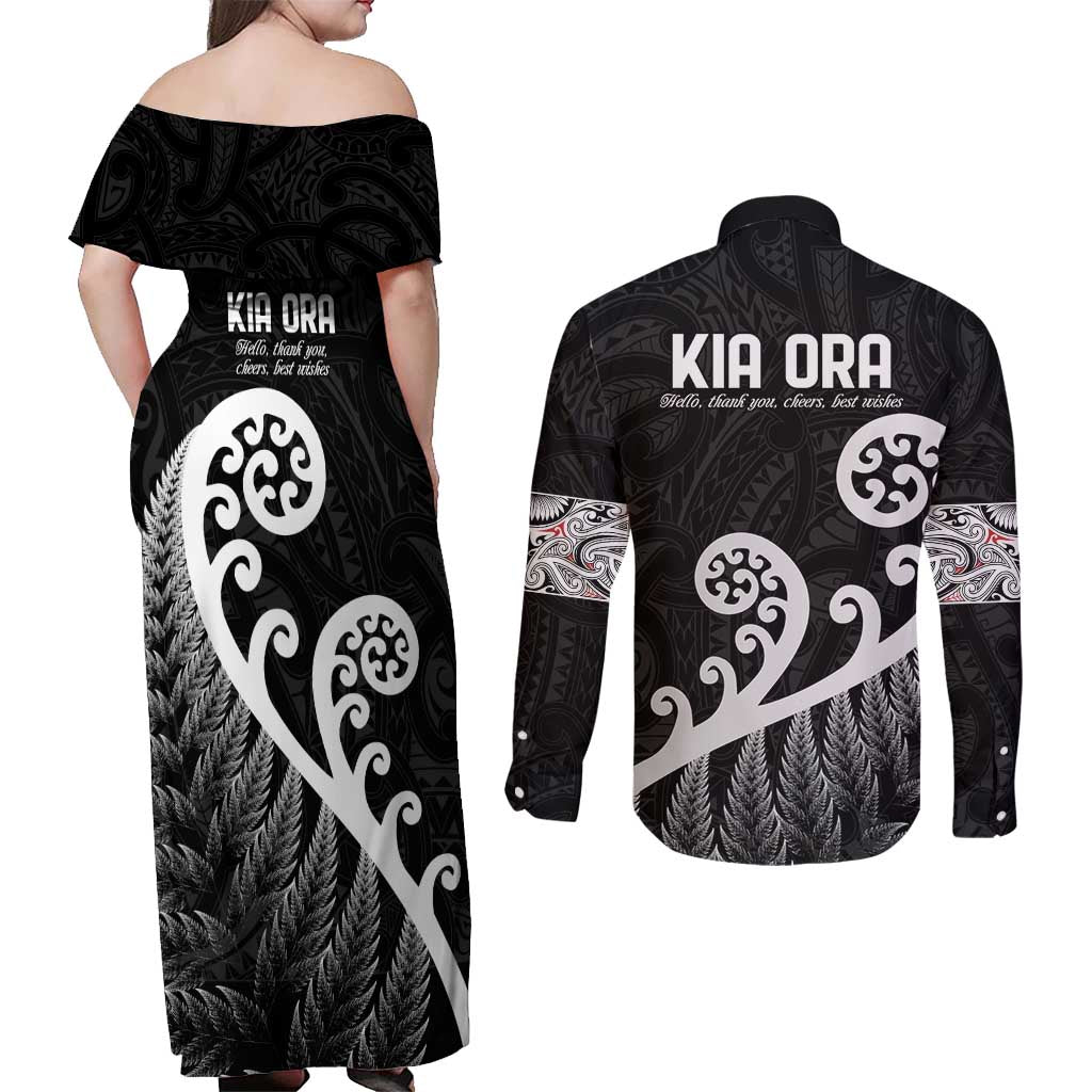 Kia Ora Maori Language Couples Matching Off Shoulder Maxi Dress and Long Sleeve Button Shirt Te Reo Maori Koru Fern Art