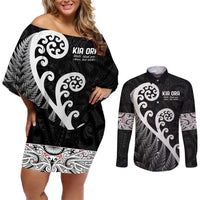 Kia Ora Maori Language Couples Matching Off Shoulder Short Dress and Long Sleeve Button Shirt Te Reo Maori Koru Fern Art