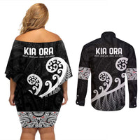 Kia Ora Maori Language Couples Matching Off Shoulder Short Dress and Long Sleeve Button Shirt Te Reo Maori Koru Fern Art