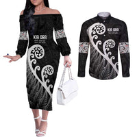 Kia Ora Maori Language Couples Matching Off The Shoulder Long Sleeve Dress and Long Sleeve Button Shirt Te Reo Maori Koru Fern Art