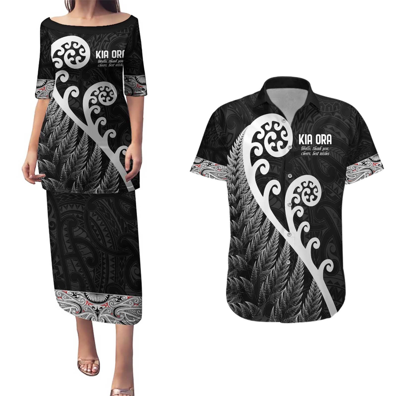 Kia Ora Maori Language Couples Matching Puletasi and Hawaiian Shirt Te Reo Maori Koru Fern Art