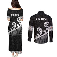 Kia Ora Maori Language Couples Matching Puletasi and Long Sleeve Button Shirt Te Reo Maori Koru Fern Art