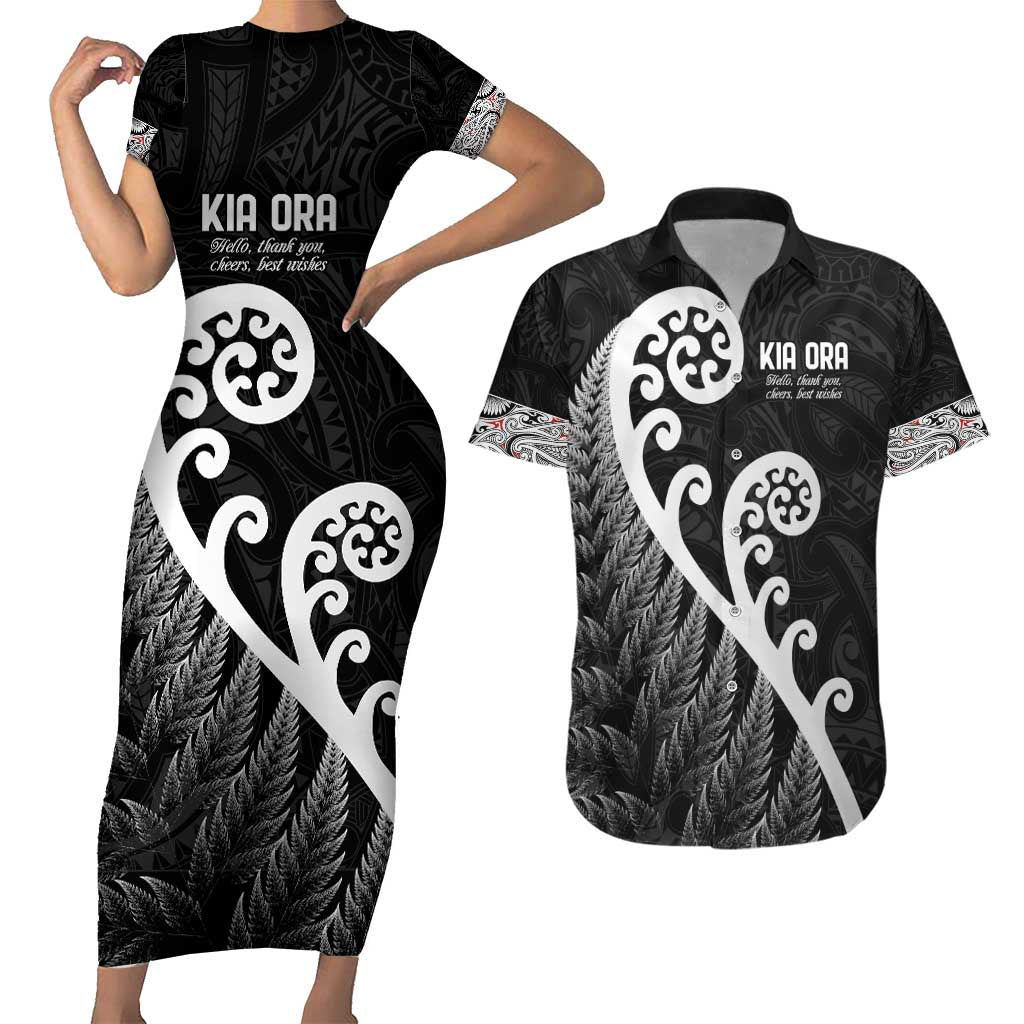 Kia Ora Maori Language Couples Matching Short Sleeve Bodycon Dress and Hawaiian Shirt Te Reo Maori Koru Fern Art