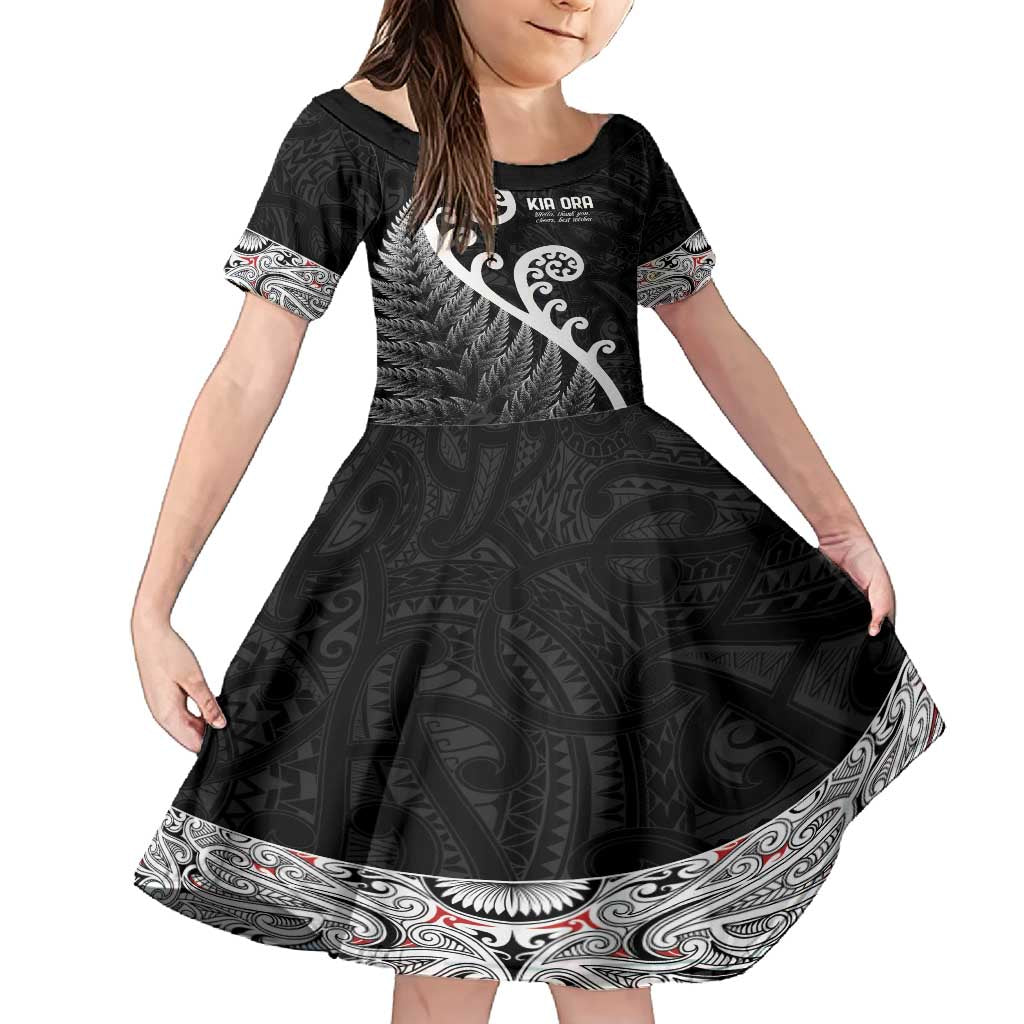 Kia Ora Maori Language Family Matching Long Sleeve Bodycon Dress and Hawaiian Shirt Te Reo Maori Koru Fern Art LT9 Daughter's Dress Black - Polynesian Pride