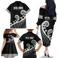 Kia Ora Maori Language Family Matching Off The Shoulder Long Sleeve Dress and Hawaiian Shirt Te Reo Maori Koru Fern Art