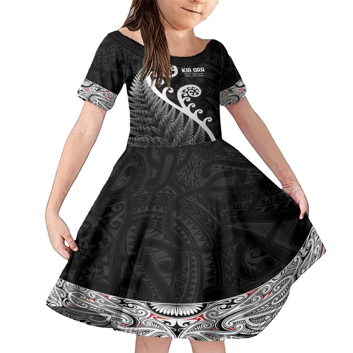 Kia Ora Maori Language Family Matching Puletasi and Hawaiian Shirt Te Reo Maori Koru Fern Art LT9 Daughter's Dress Black - Polynesian Pride
