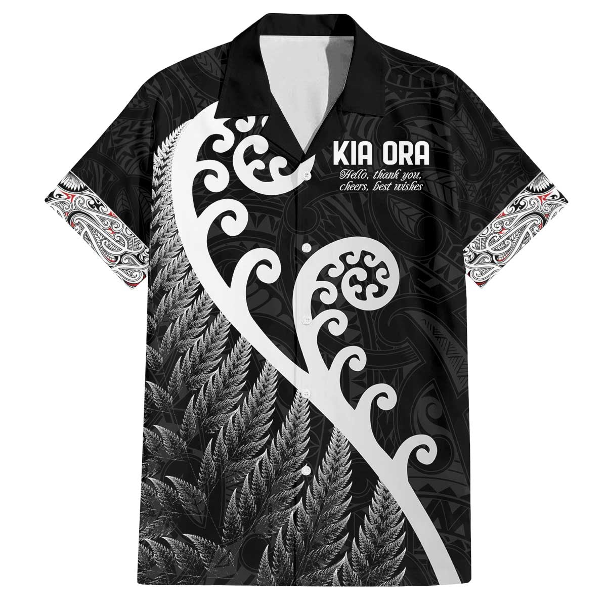 Kia Ora Maori Language Family Matching Puletasi and Hawaiian Shirt Te Reo Maori Koru Fern Art LT9 Dad's Shirt - Short Sleeve Black - Polynesian Pride