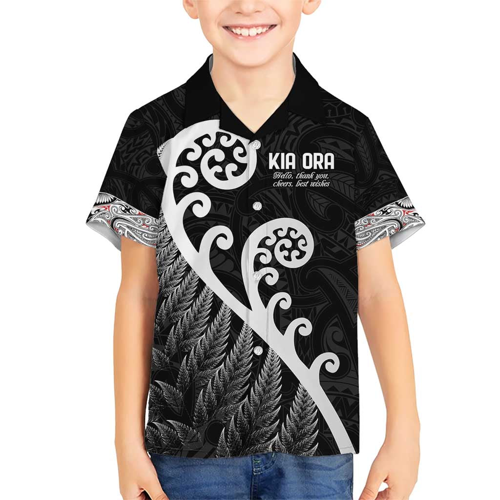 Kia Ora Maori Language Family Matching Short Sleeve Bodycon Dress and Hawaiian Shirt Te Reo Maori Koru Fern Art LT9 Son's Shirt Black - Polynesian Pride