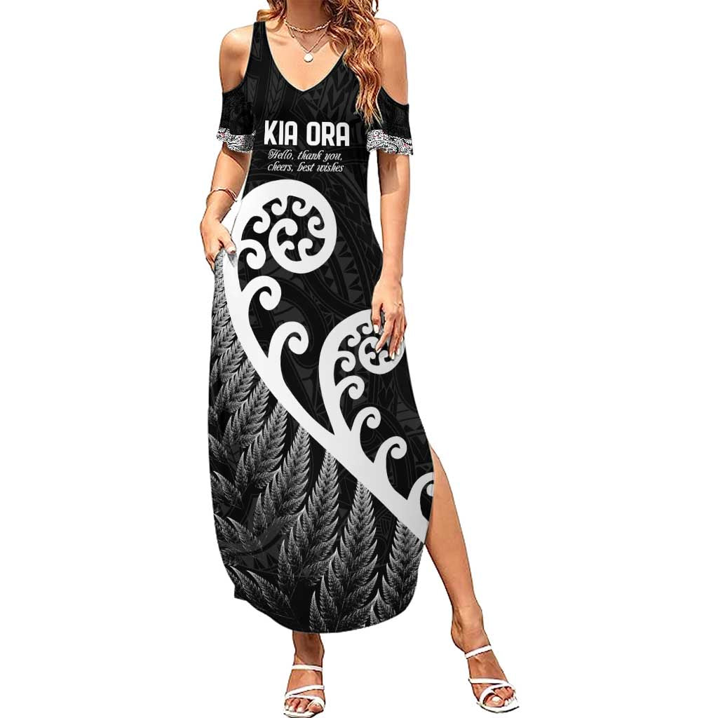 Kia Ora Maori Language Family Matching Summer Maxi Dress and Hawaiian Shirt Te Reo Maori Koru Fern Art LT9 Mom's Dress Black - Polynesian Pride