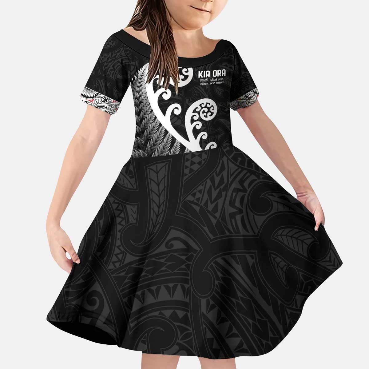 Kia Ora Maori Language Kid Short Sleeve Dress Te Reo Maori Koru Fern Art