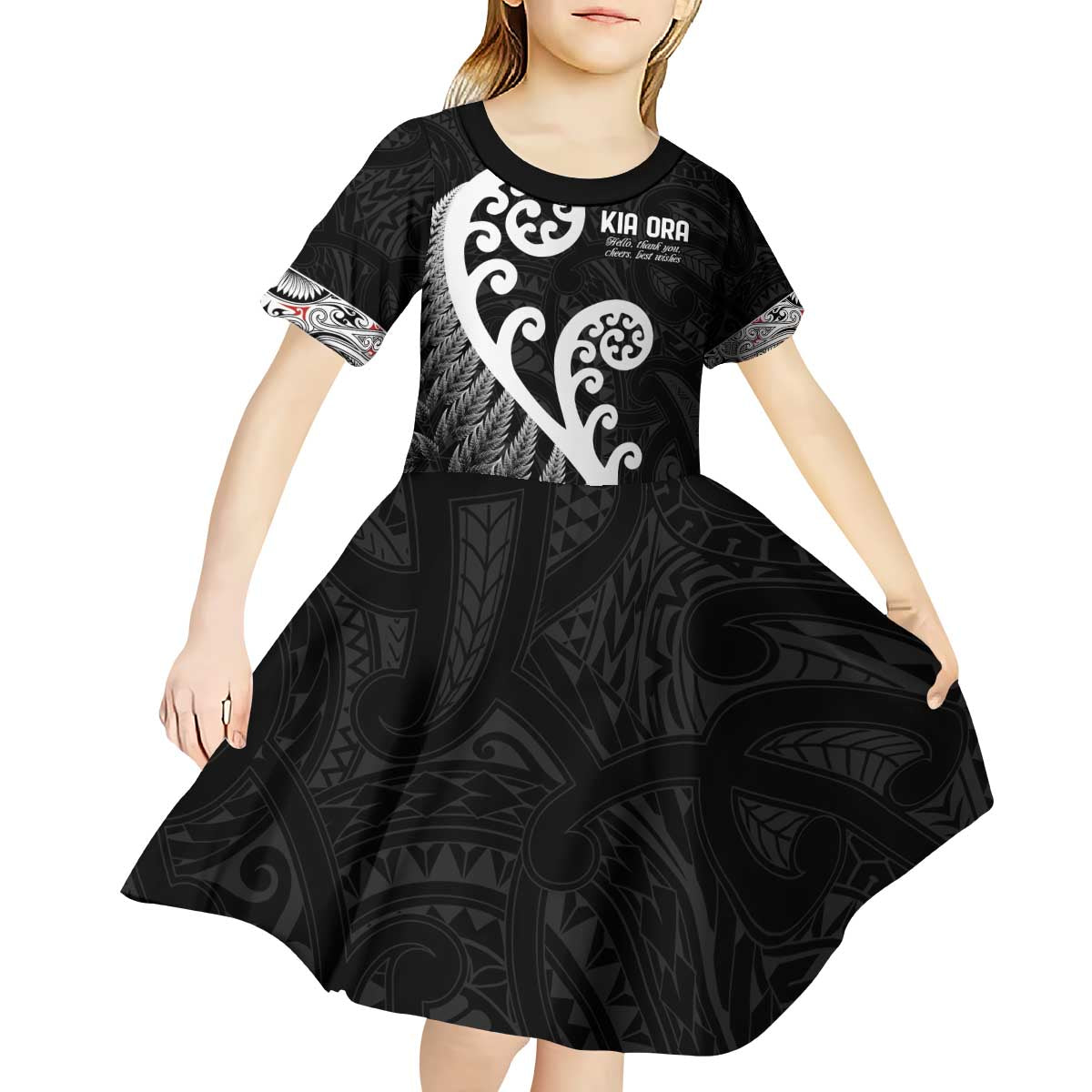 Kia Ora Maori Language Kid Short Sleeve Dress Te Reo Maori Koru Fern Art