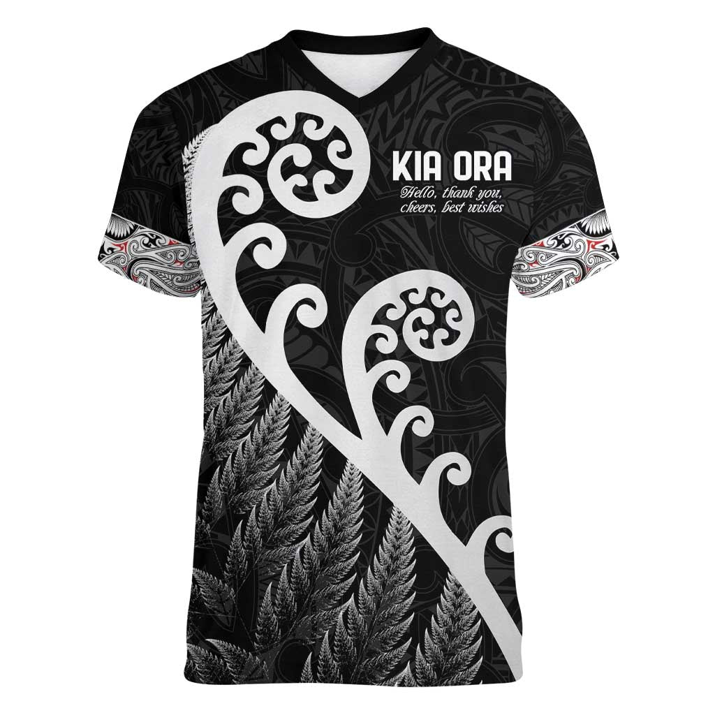 Kia Ora Maori Language Women V-Neck T-Shirt Te Reo Maori Koru Fern Art