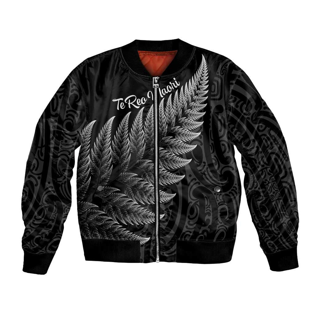 New Zealand Te Reo Mori Bomber Jacket Simple Black Fern LT9 Unisex Black - Polynesian Pride