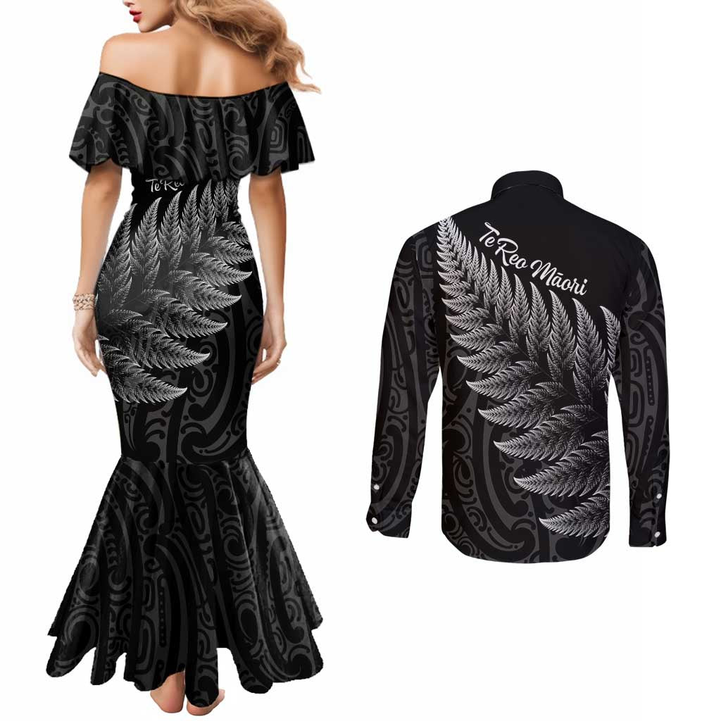 New Zealand Te Reo Māori Couples Matching Mermaid Dress and Long Sleeve Button Shirt Simple Black Fern