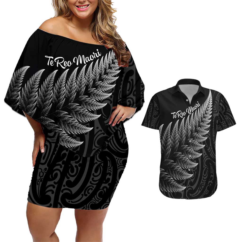 New Zealand Te Reo Māori Couples Matching Off Shoulder Short Dress and Hawaiian Shirt Simple Black Fern