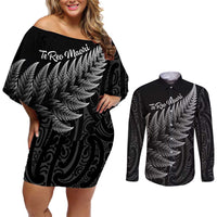 New Zealand Te Reo Māori Couples Matching Off Shoulder Short Dress and Long Sleeve Button Shirt Simple Black Fern