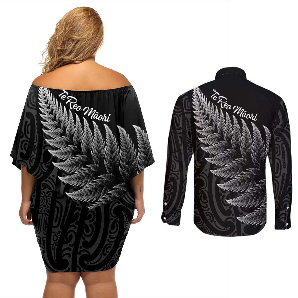 New Zealand Te Reo Māori Couples Matching Off Shoulder Short Dress and Long Sleeve Button Shirt Simple Black Fern