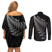 New Zealand Te Reo Māori Couples Matching Off Shoulder Short Dress and Long Sleeve Button Shirt Simple Black Fern