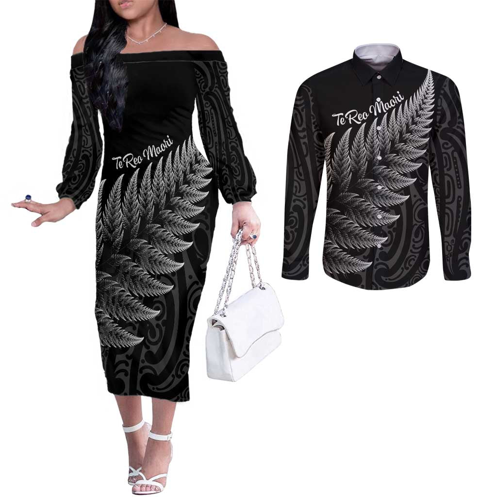 New Zealand Te Reo Māori Couples Matching Off The Shoulder Long Sleeve Dress and Long Sleeve Button Shirt Simple Black Fern