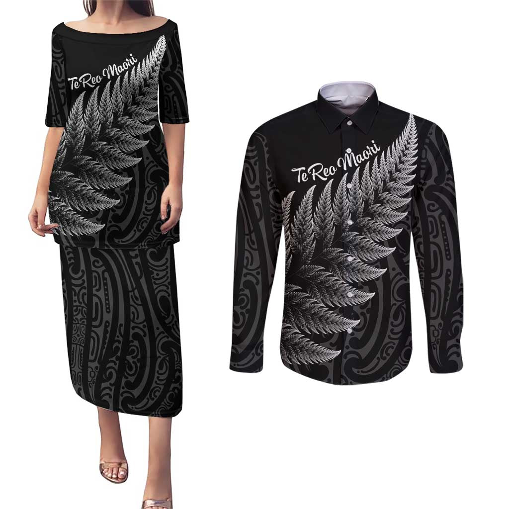 New Zealand Te Reo Māori Couples Matching Puletasi and Long Sleeve Button Shirt Simple Black Fern