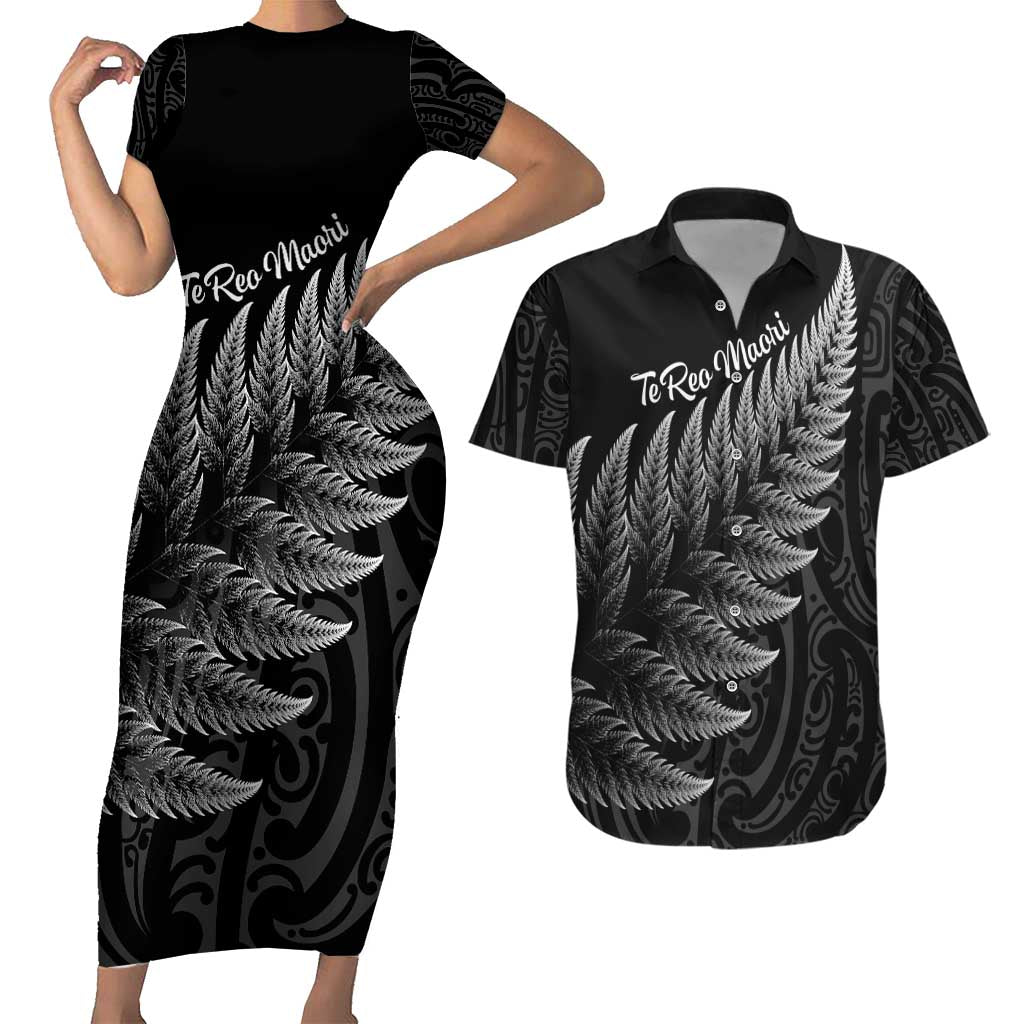 New Zealand Te Reo Māori Couples Matching Short Sleeve Bodycon Dress and Hawaiian Shirt Simple Black Fern