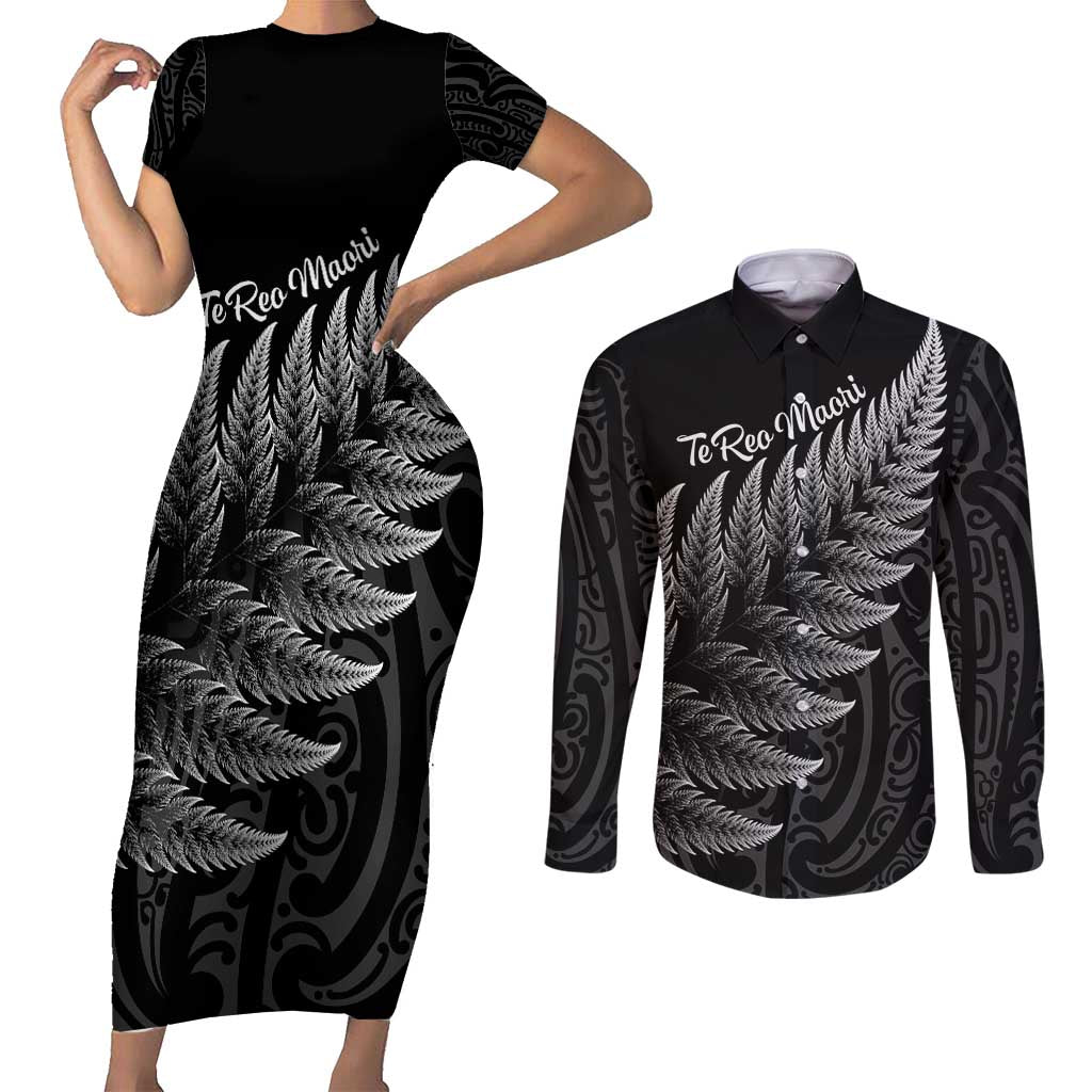New Zealand Te Reo Māori Couples Matching Short Sleeve Bodycon Dress and Long Sleeve Button Shirt Simple Black Fern