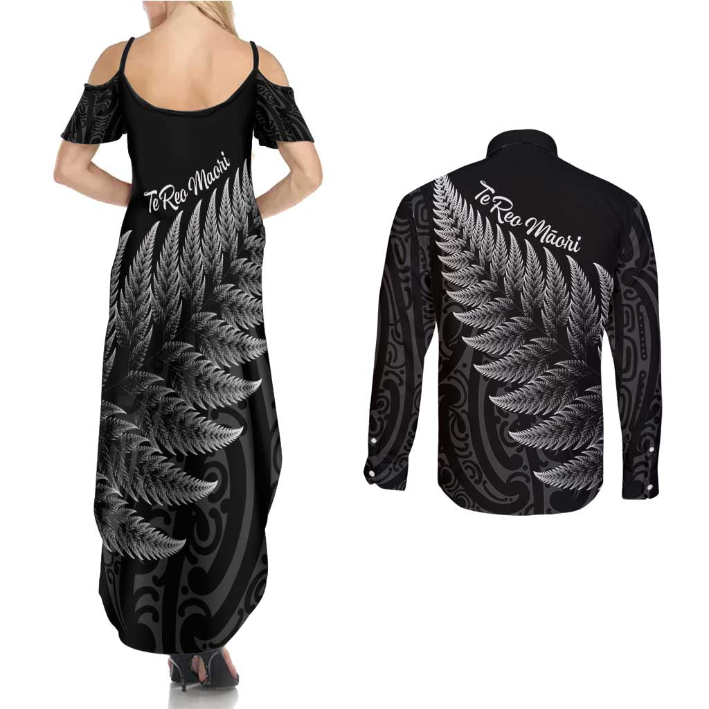 New Zealand Te Reo Mori Couples Matching Summer Maxi Dress and Long Sleeve Button Shirt Simple Black Fern LT9 - Polynesian Pride