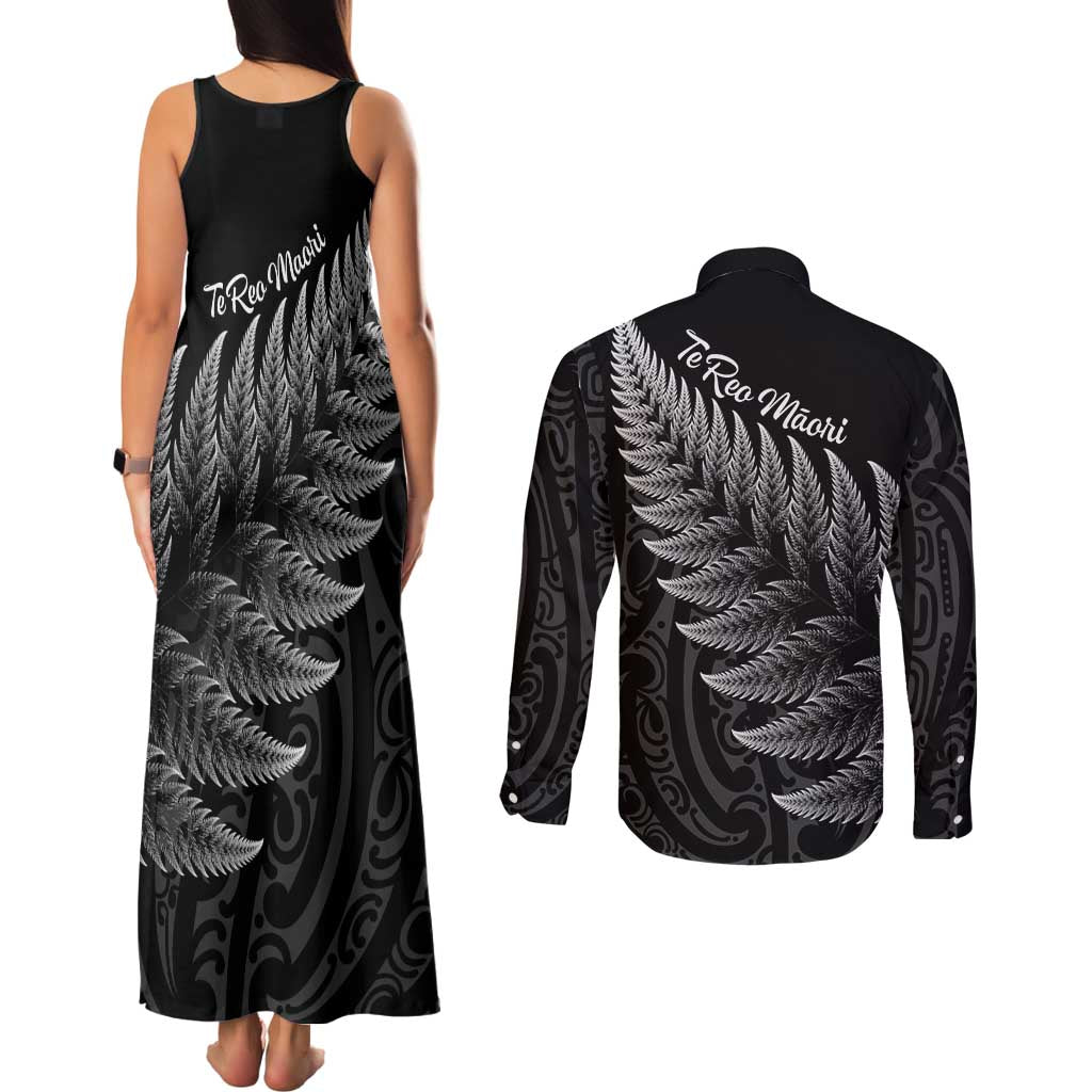 New Zealand Te Reo Māori Couples Matching Tank Maxi Dress and Long Sleeve Button Shirt Simple Black Fern
