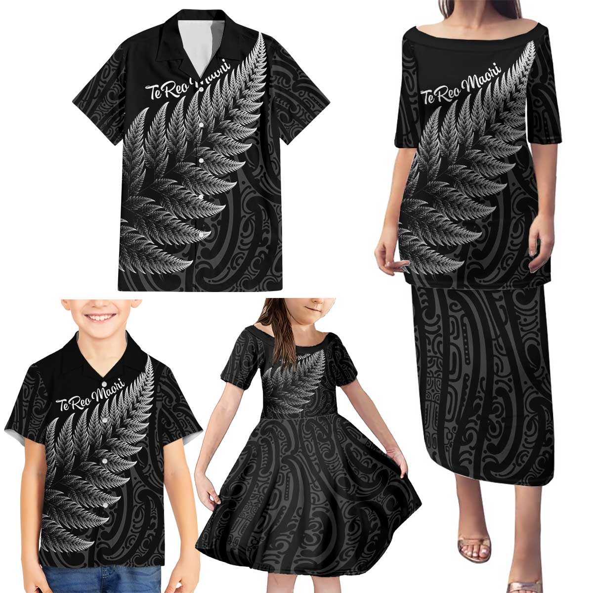 New Zealand Te Reo Mori Family Matching Puletasi and Hawaiian Shirt Simple Black Fern LT9 - Polynesian Pride