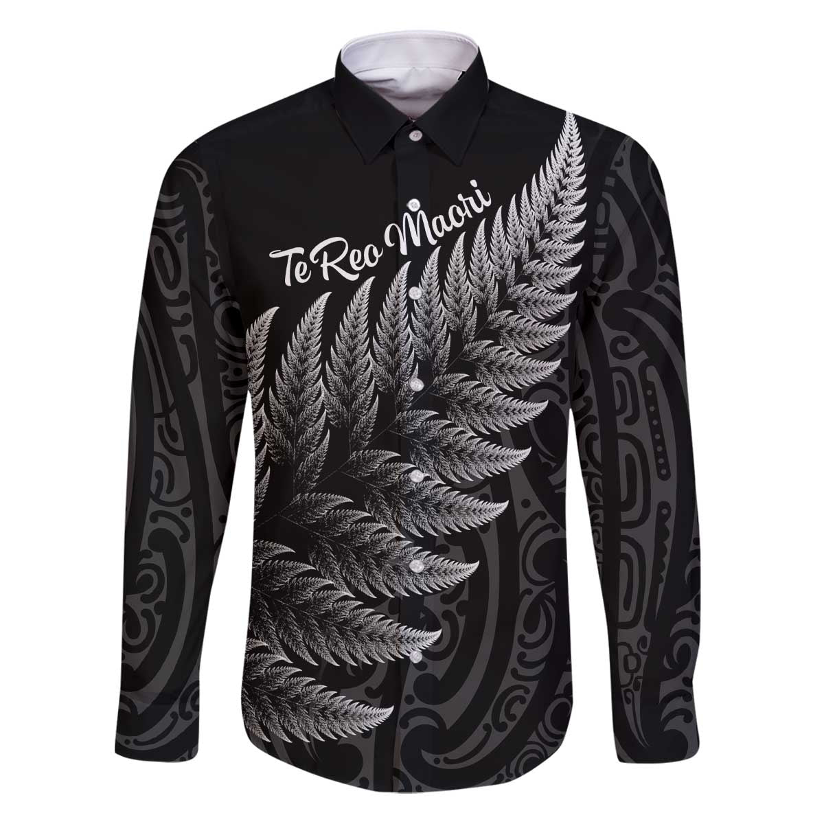 New Zealand Te Reo Mori Family Matching Puletasi and Hawaiian Shirt Simple Black Fern LT9 Dad's Shirt - Long Sleeve Black - Polynesian Pride