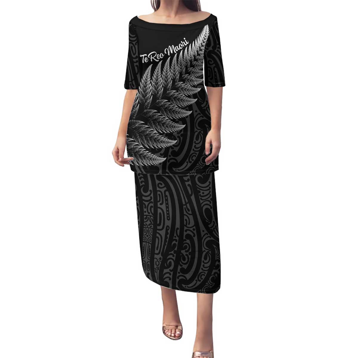 New Zealand Te Reo Mori Family Matching Puletasi and Hawaiian Shirt Simple Black Fern LT9 Mom's Dress Black - Polynesian Pride