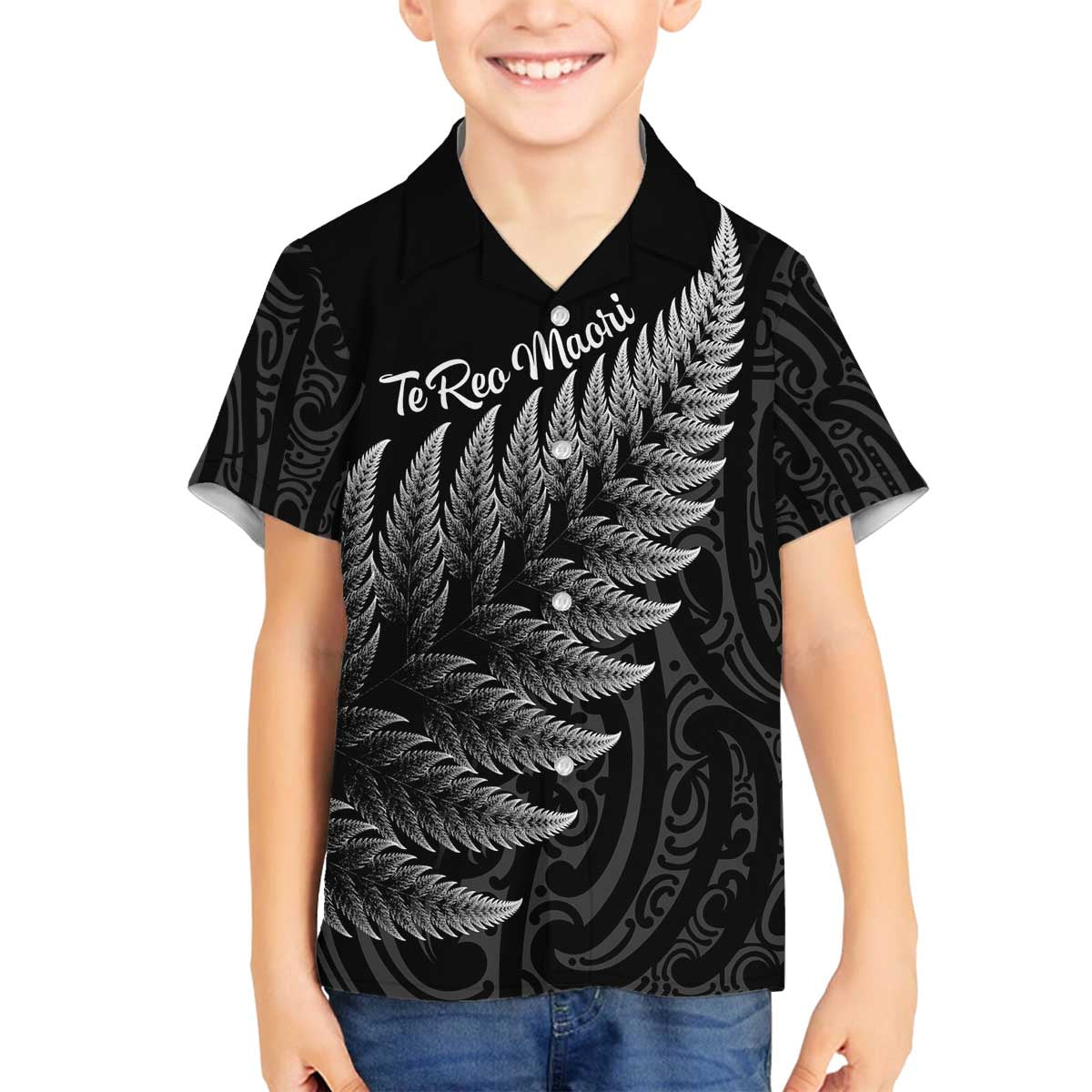 New Zealand Te Reo Mori Family Matching Puletasi and Hawaiian Shirt Simple Black Fern LT9 Son's Shirt Black - Polynesian Pride