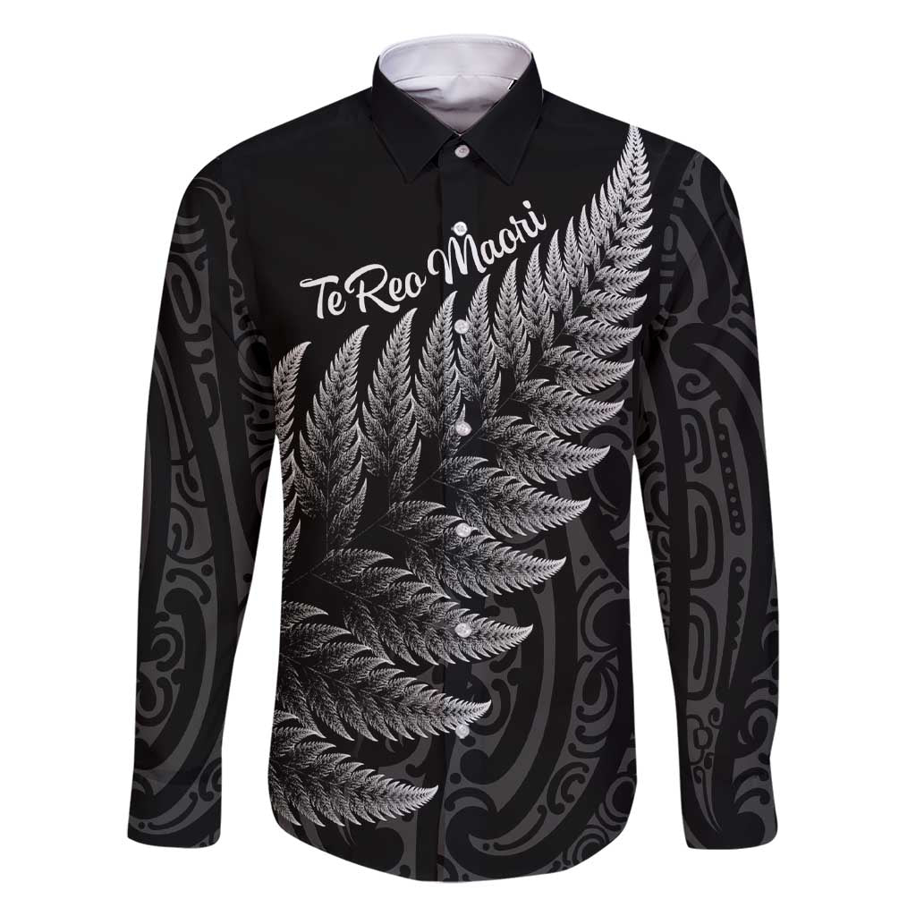 New Zealand Te Reo Mori Family Matching Short Sleeve Bodycon Dress and Hawaiian Shirt Simple Black Fern LT9 Dad's Shirt - Long Sleeve Black - Polynesian Pride