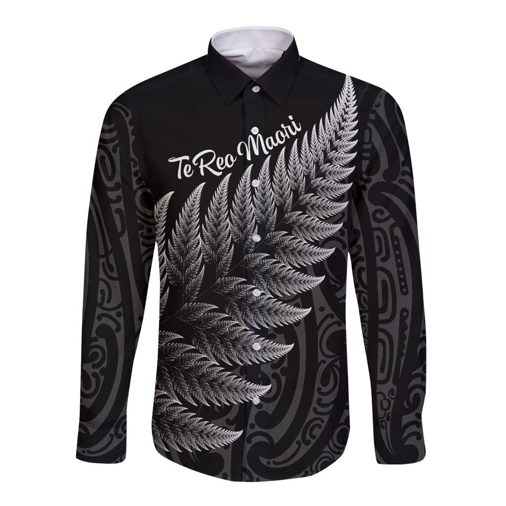 New Zealand Te Reo Māori Long Sleeve Button Shirt Simple Black Fern