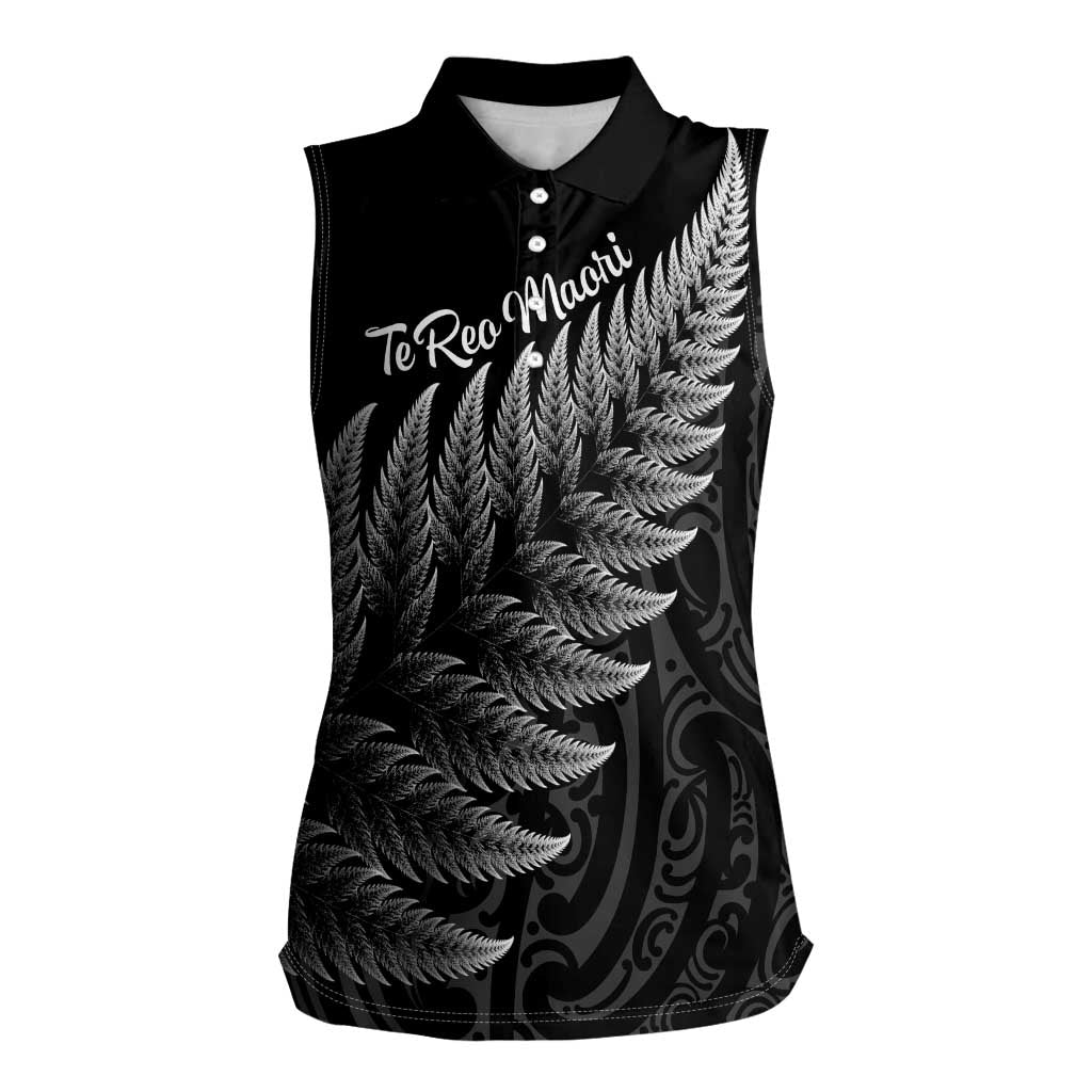 New Zealand Te Reo Māori Women Sleeveless Polo Shirt Simple Black Fern