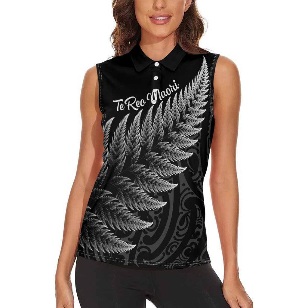 New Zealand Te Reo Māori Women Sleeveless Polo Shirt Simple Black Fern