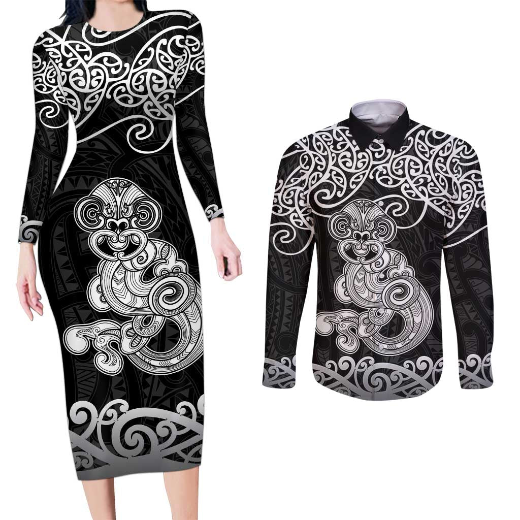 Te Reo Maori Tiki Inspired Art Couples Matching Long Sleeve Bodycon Dress and Long Sleeve Button Shirt