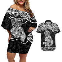 Te Reo Maori Tiki Inspired Art Couples Matching Off Shoulder Short Dress and Hawaiian Shirt