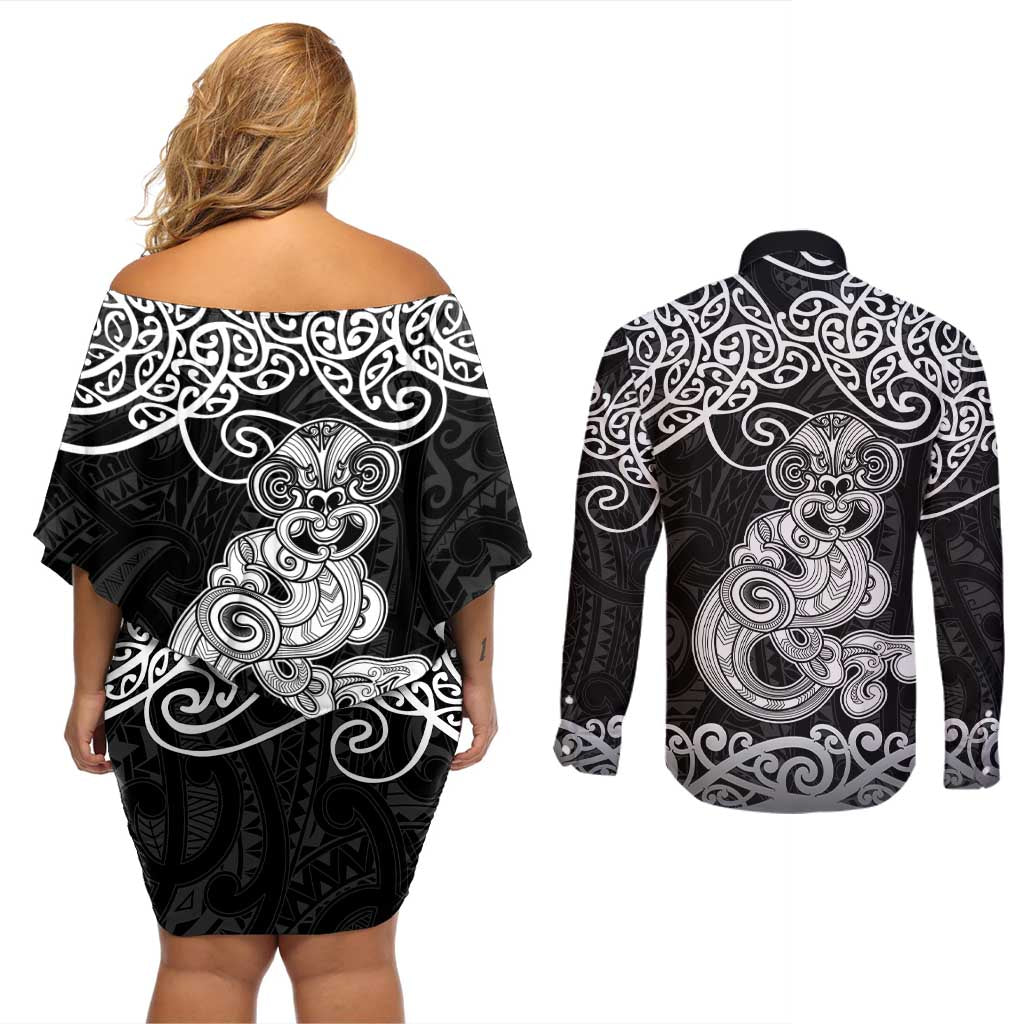 Te Reo Maori Tiki Inspired Art Couples Matching Off Shoulder Short Dress and Long Sleeve Button Shirt