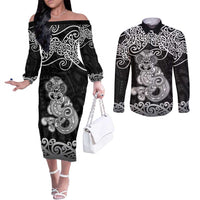 Te Reo Maori Tiki Inspired Art Couples Matching Off The Shoulder Long Sleeve Dress and Long Sleeve Button Shirt