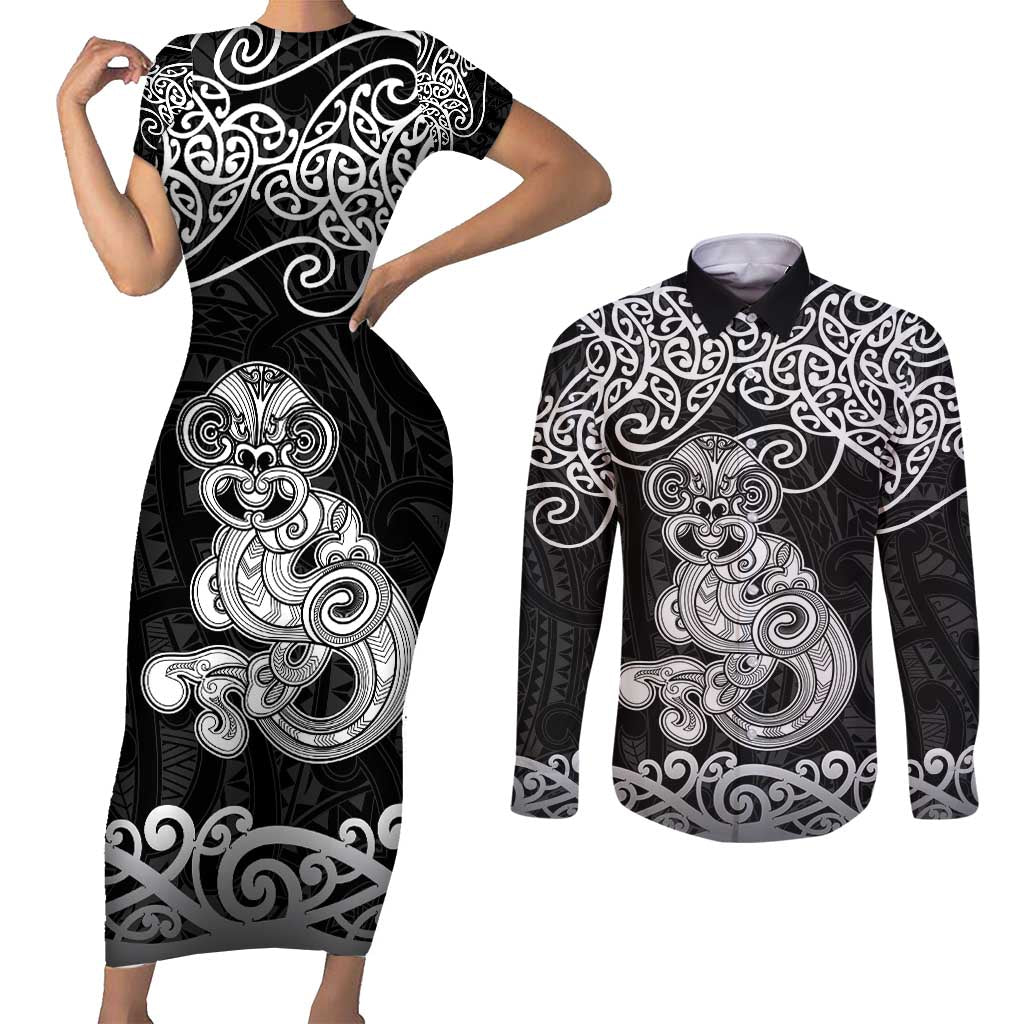 Te Reo Maori Tiki Inspired Art Couples Matching Short Sleeve Bodycon Dress and Long Sleeve Button Shirt